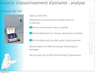 Basé sur VDI 3492
Déterminer la concentration de ﬁbres dans l’air
à l’intérieur
aﬁn de déterminer les mesures nécessaires à prendre
aﬁn de déterminer les effets après l’assainissement
Détermination via MEB (microscope électronique à
balayage)
VDI est repris par la WHO (World Health Organisation)
aﬁn de le documenter dans un dossier
Aspects d’assainissement d’amiante : analyse
Analyse de l’air
vrijdag 19 juli 13
 