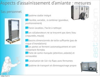 Sas personnel
Système stable intégré
Système de transport et d’emmagasinage propre
Flexible, variable, à combiner (grandeur,
positionnement)
Canalisation de l’air via ﬂaps auto-fermantes
Porte de sortie marquée (attention, asbeste) et
verrouiable
Les collaborateurs ne se trouvent pas dans l’eau
(impuretés, moule)
Les portes se ferment automatiquement et sont
réellement fermées
Parois lavables / facile à nettoyer
Bassins dimensionnés de taille sufﬁsante (pas de
risque d'inondations)
Aspects d’assainissement d’amiante : mesures
vrijdag 19 juli 13
 