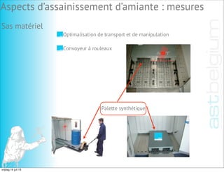 Sas matériel
Optimalisation de transport et de manipulation
Convoyeur à rouleaux
Palette synthétique
Aspects d’assainissement d’amiante : mesures
vrijdag 19 juli 13
 