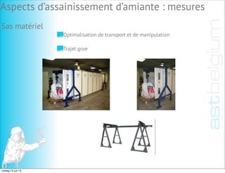 Trajet grue
Aspects d’assainissement d’amiante : mesures
Sas matériel
Optimalisation de transport et de manipulation
vrijdag 19 juli 13
 