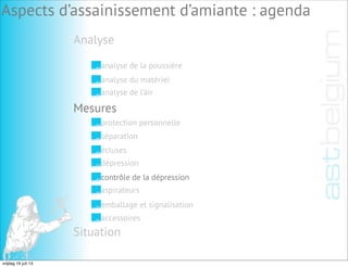 Analyse
Aspects d’assainissement d’amiante : agenda
analyse de la poussière
analyse du matériel
analyse de l’air
Mesures
Situation
protection personnelle
séparation
écluses
dépression
contrôle de la dépression
aspirateurs
emballage et signalisation
accessoires
vrijdag 19 juli 13
 