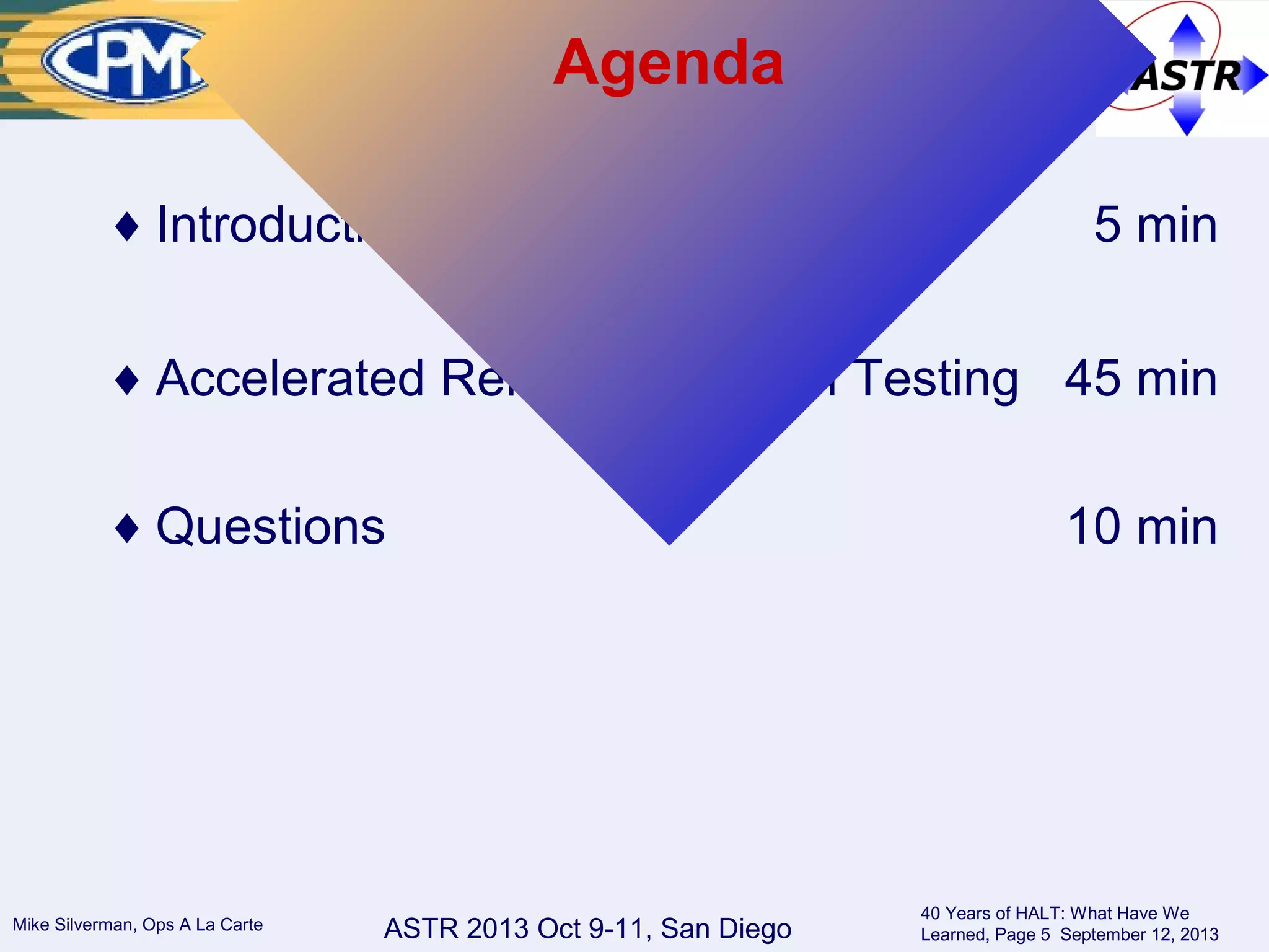ASTR 2013 Oct 9-11, San DiegoMike Silverman, Ops A La Carte
40 Years of HALT: What Have We
Learned, Page 5 September 12, 2013
♦ Introduction 5 min
♦ Accelerated Reliability Growth Testing 45 min
♦ Questions 10 min
Agenda
 