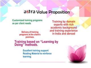 Value Proposition
Customized training programs
as per client needs
Training by domain
experts with rich
academic background
and training experience
in India and abroad
Delivery of training
programs at the client’s
premises.
Training based on “Learning by
Doing” methods.
Excellent training support
Reading Material to reinforce
learning.
 