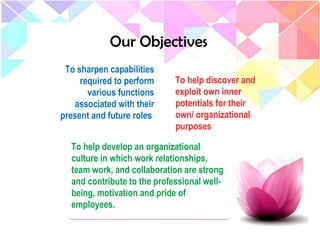Our Objectives
To sharpen capabilities
required to perform
various functions
associated with their
present and future roles
To help discover and
exploit own inner
potentials for their
own/ organizational
purposes
To help develop an organizational
culture in which work relationships,
team work, and collaboration are strong
and contribute to the professional well-
being, motivation and pride of
employees.
 