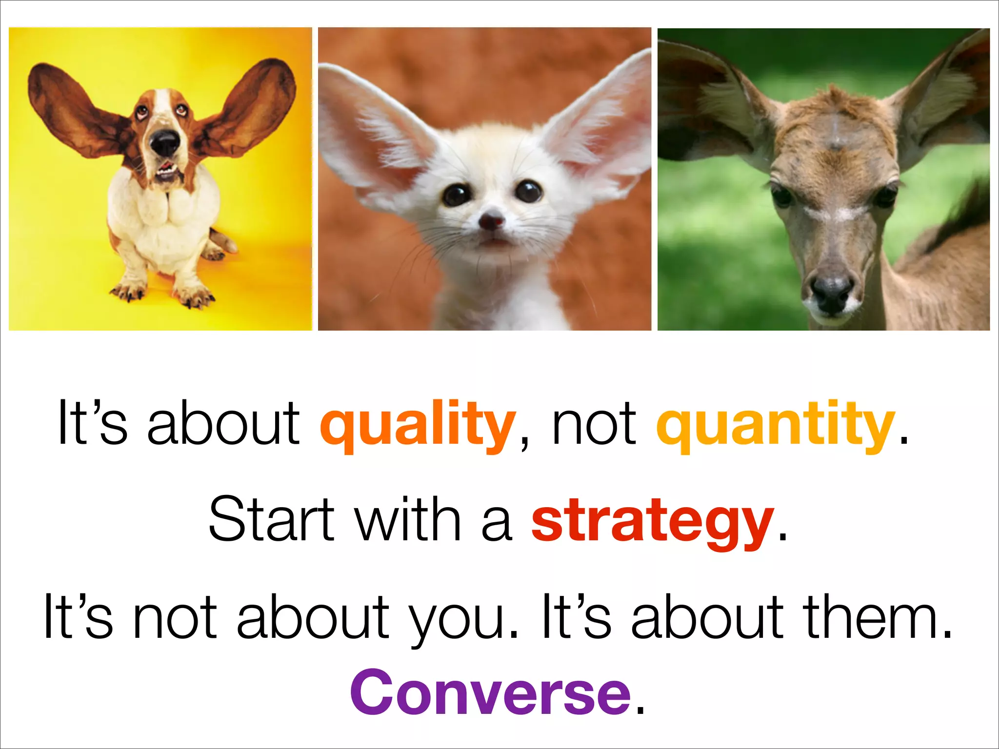It’s about quality, not quantity.
      Start with a strategy.
It’s not about you. It’s about them.
            Converse.
 