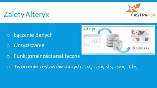 Zalety Alteryx
o Łączenie danych
o Oczyszczanie
o Funkcjonalności analityczne
o Tworzenie zestawów danych: txt, .csv, xls, .sav, .tde,
 