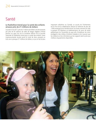 24      Responsabilité d’entreprise 2010-2011




Santé
Le Radiothon Astral pour la santé des enfants                        important radiothon au Canada. Le succès de l’événement
amasse près de 21 millions de dollars                                est le fruit de la collaboration directe et indirecte de plus de
                                                                     1 000 employés de la famille Astral. Ces fonds viennent en aide
Le jeudi 5 mai 2011, près de 7 millions de dollars ont été amassés   à quelque 20 hôpitaux et établissements de soins de santé
par près de 65 stations de radio de langue anglaise d’Astral         pédiatriques de l’ensemble du pays afin d’améliorer les soins
partout au pays lors de la troisième édition de la Journée           prodigués à des milliers d’enfants malades et de s’assurer que
nationale du Radiothon Astral pour la santé des enfants. Cette       les médecins et les infirmières qui les soignent aient accès aux
impressionnante récolte porte le total de dons amassés en            meilleurs équipements disponibles.
trois ans à presque 21 millions de dollars, ce qui en fait le plus
 