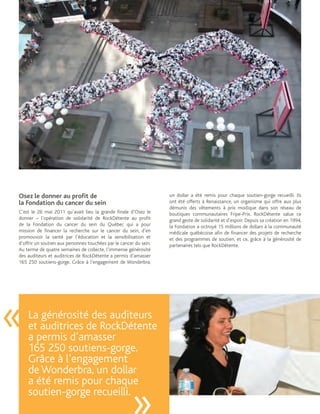 Osez le donner au proﬁt de                                          un dollar a été remis pour chaque soutien-gorge recueilli. Ils
la Fondation du cancer du sein                                      ont été offerts à Renaissance, un organisme qui offre aux plus
                                                                    démunis des vêtements à prix modique dans son réseau de
C’est le 26 mai 2011 qu’avait lieu la grande finale d’Osez le       boutiques communautaires Fripe-Prix. RockDétente salue ce
donner – l’opération de solidarité de RockDétente au profit         grand geste de solidarité et d’espoir. Depuis sa création en 1994,
de la Fondation du cancer du sein du Québec qui a pour              la Fondation a octroyé 15 millions de dollars à la communauté
mission de financer la recherche sur le cancer du sein, d’en        médicale québécoise afin de financer des projets de recherche
promouvoir la santé par l’éducation et la sensibilisation et        et des programmes de soutien, et ce, grâce à la générosité de
d’offrir un soutien aux personnes touchées par le cancer du sein.   partenaires tels que RockDétente.
Au terme de quatre semaines de collecte, l’immense générosité
des auditeurs et auditrices de RockDétente a permis d’amasser
165 250 soutiens-gorge. Grâce à l’engagement de Wonderbra,




«   La générosité des auditeurs
    et auditrices de RockDétente
    a permis d’amasser
    165 250 soutiens-gorge.
    Grâce à l’engagement
    de Wonderbra, un dollar
    a été remis pour chaque
    soutien-gorge recueilli.
 