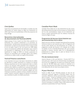 34       Responsabilité d’entreprise 2010-2011




Ciné-Québec                                                            Canadian Music Week
Super Écran est partenaire de Ciné-Québec, le rendez-vous des          Canadian Music Week est l’un des événements les plus courus
intervenants du cinéma. Depuis le début de l’événement en              des professionnels de la radio et de la musique au Canada. Astral
2004, Super Écran est le présentateur officiel des projections de      est l’un des commanditaires majeurs de cet événement, qui
long métrage.                                                          assure un grand rayonnement pour les créateurs musicaux de
                                                                       toutes les régions du pays.
Rencontres internationales
du documentaire de Montréal (RIDM)                                     Programme de bourses Astral destiné aux
Depuis presque 10 ans, Canal D est fière d’être associée à un
                                                                       documentaristes de la relève
événement d’ici consacré entièrement à la promotion du                 Depuis trois ans, Hot Docs Canadian International Documentary
documentaire – les Rencontres internationales du documentaire          Festival et Astral se sont associés pour offrir le Programme de
de Montréal. La chaîne du documentaire remet à chaque année            bourses Astral destiné aux documentaristes de la relève. Ce
le Prix du public Canal D, soit une bourse de 2 000 dollars            programme accorde des bourses à 25 cinéastes de la relève
remise à la production préférée des festivaliers. Aussi, Canal D       du Québec et de la Colombie-Britannique afin qu’ils puissent
est partenaire et collaborateur du Doc Circuit Montréal, un            participer à diverses activités axées sur le développement
événement en marge du RIDM, où artisans, producteurs et                professionnel et créateur dans le cadre du festival et de la
diffuseurs se rassemblent pour échanger, grâce à des ateliers,         conférence Hot Docs.
conférences ou tables rondes, sur le genre documentaire.
                                                                       Prix de mentorat Astral
Festival Présence autochtone                                           Astral et Women in Film and Television – Toronto (WIFT-T) se
Il est important de trouver des façons innovatrices et visibles        sont joints pour créer le prix de mentorat Astral. Ce programme
de démontrer la réalité autochtone au Canada et le festival            est le fruit d’un engagement de quatre ans d’Astral qui versera
Présence autochtone est l’un des moyens de le faire. La chaîne         un total de 100 000 dollars pour soutenir le mentorat et la
Canal D est heureuse d’être partenaire d’un événement qui              formation de producteurs de la relève qui ont besoin de coaching
présente cette réalité à un auditoire qui y sera peut-être exposé      et de débouchés afin de mener leurs projets à terme.
pour la première fois. Dix jours par année, le festival Présence
autochtone est le chef-lieu de la créativité indigène des trois        M pour Montréal
Amériques où peintres, sculpteurs, artisans, cinéastes, écrivains et
poètes, conteurs, musiciens, rappeurs et danseurs se réunissent        Fondé en 2006, M pour Montréal propose, en plus de son
pour sensibiliser le public à la réalité autochtone.                   événement showcase organisé à Montréal chaque mois de
                                                                       novembre, différentes vitrines promotionnelles un peu partout
                                                                       dans le monde – South by Southwest à Austin, TX, The Great
                                                                       Escape à Brighton, UK, CMJ Music Marathon à New York et au
                                                                       Québec (mini-M, M sur les Quais) pour mettre en valeur le talent
                                                                       musical montréalais et canadien. Depuis 2009, Astral est le fier
                                                                       partenaire et présentateur de M pour Montréal.
 
