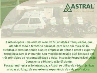 A Astral opera uma rede de mais de 50 unidades franqueadas, que
atendem todo o território nacional (com sede em mais de 16
estados), e exterior, sendo a única empresa do setor a deter e exportar
tecnologia para o 1º mundo. Seu modelo de gestão está baseado em
três princípios de responsabilidade e ética: Inspeção Responsável; Ação
Consciente e Higienização Eficiente.
Para garantir esta ação integrada, a Astral se utiliza de várias técnicas
criadas ao longo de sua extensa experiência de vida profissional.
 