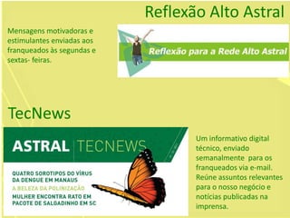 Mensagens motivadoras e
estimulantes enviadas aos
franqueados às segundas e
sextas- feiras.
Reflexão Alto Astral
Um informativo digital
técnico, enviado
semanalmente para os
franqueados via e-mail.
Reúne assuntos relevantes
para o nosso negócio e
notícias publicadas na
imprensa.
TecNews
 