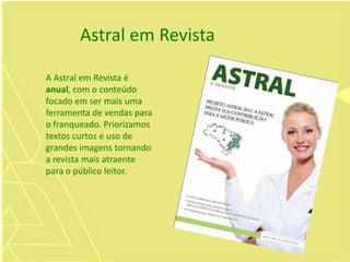 A Astral em Revista é
anual, com o conteúdo
focado em ser mais uma
ferramenta de vendas para
o franqueado. Priorizamos
textos curtos e uso de
grandes imagens tornando
a revista mais atraente
para o público leitor.
Astral em Revista
 