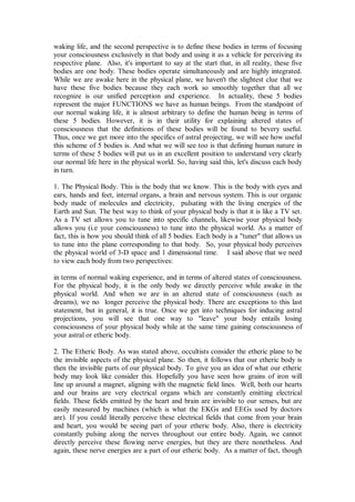waking life, and the second perspective is to define these bodies in terms of focusing
your consciousness exclusively in that body and using it as a vehicle for perceiving its
respective plane. Also, it's important to say at the start that, in all reality, these five
bodies are one body. These bodies operate simultaneously and are highly integrated.
While we are awake here in the physical plane, we haven't the slightest clue that we
have these five bodies because they each work so smoothly together that all we
recognize is our unified perception and experience. In actuality, these 5 bodies
represent the major FUNCTIONS we have as human beings. From the standpoint of
our normal waking life, it is almost arbitrary to define the human being in terms of
these 5 bodies. However, it is in their utility for explaining altered states of
consciousness that the definitions of these bodies will be found to bevery useful.
Thus, once we get more into the specifics of astral projecting, we will see how useful
this scheme of 5 bodies is. And what we will see too is that defining human nature in
terms of these 5 bodies will put us in an excellent position to understand very clearly
our normal life here in the physical world. So, having said this, let's discuss each body
in turn.

1. The Physical Body. This is the body that we know. This is the body with eyes and
ears, hands and feet, internal organs, a brain and nervous system. This is our organic
body made of molecules and electricity, pulsating with the living energies of the
Earth and Sun. The best way to think of your physical body is that it is like a TV set.
As a TV set allows you to tune into specific channels, likewise your physical body
allows you (i.e your consciousness) to tune into the physical world. As a matter of
fact, this is how you should think of all 5 bodies. Each body is a "tuner" that allows us
to tune into the plane corresponding to that body. So, your physical body perceives
the physical world of 3-D space and 1 dimensional time. I said above that we need
to view each body from two perspectives:

in terms of normal waking experience, and in terms of altered states of consciousness.
For the physical body, it is the only body we directly perceive while awake in the
physical world. And when we are in an altered state of consciousness (such as
dreams), we no longer perceive the physical body. There are exceptions to this last
statement, but in general, it is true. Once we get into techniques for inducing astral
projections, you will see that one way to "leave" your body entails losing
consciousness of your physical body while at the same time gaining consciousness of
your astral or etheric body.

2. The Etheric Body. As was stated above, occultists consider the etheric plane to be
the invisible aspects of the physical plane. So then, it follows that our etheric body is
then the invisible parts of our physical body. To give you an idea of what our etheric
body may look like consider this. Hopefully you have seen how grains of iron will
line up around a magnet, aligning with the magnetic field lines. Well, both our hearts
and our brains are very electrical organs which are constantly emitting electrical
fields. These fields emitted by the heart and brain are invisible to our senses, but are
easily measured by machines (which is what the EKGs and EEGs used by doctors
are). If you could literally perceive these electrical fields that come from your brain
and heart, you would be seeing part of your etheric body. Also, there is electricity
constantly pulsing along the nerves throughout our entire body. Again, we cannot
directly perceive these flowing nerve energies, but they are there nonetheless. And
again, these nerve energies are a part of our etheric body. As a matter of fact, though
 