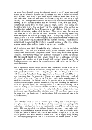 me along. Soon though I became impatient and wanted to see if I could turn myself
around and see what was dragging me. I struggled very hard to pull myself around,
and it felt like I was trying to pull myself against hurricane winds. When I had my
back to the direction of this wind force, I remember seeing trees pass me by at high
velocity. But I managed to turn around and what I saw was unbelievable and utterly
amazing. I don't even really know how to describe it! When, after great effort, I
turned myself around, I was no longer seeing the forest. Instead I was looking onto
this unbelievable colored field and there were three spheres ahead of me and they had
something that looked like butterflies dancing in each of them. But they were not
butterflies, though they looked a little like them. Whatever they were, there was one
each inside of the three spheres and these "butterflies" were spinning and rotating
within the sphere and constantly changing color. The way they changed color was
strange, it was as if colors were welling into them from somewhere I could not see,
like a liquid, and flowing around inside of these butterfly creatures. I was both awed
and confused; confused that the forest was gone, and confused at what I was looking
at, awed because whatever I was looking at was very, very beautiful.

My first thought was, "God, this looks like what Leadbeater describes the astral plane
to look like." But there was a peculiar quality to the scene that reminded me of
looking under a microscope. I began to wonder if I was seeing the inside of my brain
somehow. The "butterfly" things were extremely reminiscent of cellular appearances.
The background behind the three spheres looked like a landscape, somewhat
reminiscent of a garden, but it was strangely and complexly colored, most of the
details escaping me now except the preponderance of pink colors, and the effect of
sunset-like colors.

Also, I experienced another unique sensation after I had turned around. I still felt like
I was being pulled forward by the wind, though that was weakening. I could see
nothing in front of me that seemed to be pulling me. And the strange field of colors
with its dancing "butterflies", though appearing three dimensional, looked like it was
very close to my face. But strangest of all was a very weird feeling that I could pull
off the top of my head. This was the first time I had felt this sensation though it
would not be the last. The feeling is that, at the very top line of my visual field, I can
reach underneath and pull upwards, and the top of my head would rip off. Obviously,
this is not a pleasant feeling, but I was very curious as to what it was and why I felt it,
and if the feeling had any connection to the scene before me, which I was thinking
more and more was some inner view of some type of cells and biological structures.
Yet in short order, the pulling of the wind died away, I felt myself slowing down, and
the scene before me faded away. I was back in my bedroom again, still lucid in the
projection state..."

2>
(Here is the first time I had been to a surreal region resulting from partially tuning into
a subplane. You can see below that I suspected my perceptions were due to partially
tuning into a subplane, but I was not certain at this point.) "I was back in the void
again. This time though it was different from the last time. I was seeing really
complex geometrical patterns come spinning past me. It's hard to remember exact
details, but every now and then I'd see these really intense color patterns. It was hard
to conceptualize what I was looking at in this "void". I'd be zipping along checking
out these spiro-graph patterns then all of a sudden I'd see a color pattern. It wasn't
 