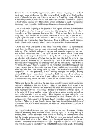 down/backwards. Landed by a gymnasium. Skipped to an acting stage (i.e. artificial,
like it was a stage set) looking city. Got bored and left. Voided a bit. Explored four
levels of physiological structure: 1. the meme bacteria, 2. swirling colors, eddy fluxes,
3. cells and proteins, 4. rock plateau with embedded gems and atom lattice. Skipped
to 5th level and was in a city. Skipped into a room and talked to a girl. Various other
things that I can't remember. Laid in focus 10 remembering then fell asleep."

(This is all I wrote originally in my journal. It was 4 years later that I elaborated on
these brief notes when typing my journal into the computer. Below is what I
remembered of this experience four years later. What we have here is a lesson in
being lazy. I was too lazy to record this experience in detail, and, as you will see, I
forgot significant parts of the experience. This is, in my mind, one of the most
significant uses of anima that I ever have done. I was a fool to not record it in more
detail. What I could remember when I entered my journal into the computer is:)

"...What I do recall very clearly is that, while I was in the midst of the meme bacteria
level, I got the idea to shut my eyes, spin around rapidly, and pretend that I was
shrinking. When I did this and opened my eyes up I was quite surprised to see that I
was actually somewhere else! That I had or had not shrunk down I don't know
absolutely, but then again, there is not one thing described in this journal that I have
any absolute understanding of (other than the fact that this stuff did occur!). And
what I saw when I opened my eyes was amazing. I was in the midst of a spectacular
panorama of swirling activity and spiraling colors. In the entry above I refer to this as
"swirling colors, eddy fluxes". Even now I can remember some of the images of what
I saw. At the time my impression was that I was watching the biochemical cycles
inside my cells, but I was seeing them up close. The scene was staggering in its
complexity. In this projection, I was floating amongst the images, floating
surrounded by these color patterns. I remember that I was amazed, but baffled, and
didn't understand in the least what I was looking at, other than that it was very
beautiful and moving around too much to make out any definite structure.

At the time, during the projection, the main thing going through my mind was the new
travel/skip technique I had just devised. Since, at this second level, which I had
assumed to be nested inside of the meme bacteria level, I didn't really know how to
make much sense of what I was seeing, I decided to try the same technique again. So,
in the midst of all these swirling colors, I shut my eyes, started spinning around and
once again pretended I was shrinking. Then I opened my eyes and again I was
somewhere else! In the entry above I have the description of this third level as "cells
and proteins". Unfortunately, at this point I don't remember a single image I saw at
this level. Whatever it was though, it must have been things that reminded me of
protein structure, which would mean coils and loops, or I wouldn't have written this in
my journal.

I do remember clearly though what I was thinking at this level. I remember thinking
to myself something along the lines of the following logic, "if I'm really looking at
proteins, then I should be able to shrink down and actually see the individual atoms
that the proteins are composed of." So I shut my eyes, spun around rapidly, and
pretended to shrink even further. When I opened my eyes I was again at a new level
and this I remember clearly even now as I type. I opened my eyes and I was standing
on a rock ledge, and in this ledge were embedded little glistening jewels. I looked up
 