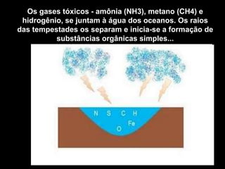 Os gases tóxicos - amônia (NH3), metano (CH4) e
hidrogênio, se juntam à água dos oceanos. Os raios
das tempestades os separam e inicia-se a formação de
substâncias orgânicas simples...
 
