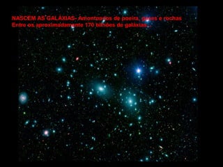 NASCEM AS GALÁXIAS- Amontoados de poeira, gases e rochas
Entre os aproximadamente 170 bilhões de galáxias...
 
