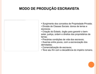 MODO DE PRODUÇÃO ESCRAVISTA



         • Surgimento dos conceitos de Propriedade Privada;
         • Divisão de Classes Sociais: donos de terras e
         escravos;
         • Criação do Estado, órgão para garantir o bem-
         estar, justiça, ordem e direitos dos proprietários de
         terras;
         • Precárias condições de vida dos escravos;
         • Guerras entre povos, com a escravização dos
         derrotados;
         • Comercialização de escravos;
         • Teve seu fim com a decadência do império romano.
 