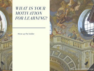 WHAT IS YOUR
MOTIVATION
FOR LEARNING?
Move up the ladder
Becoming a thought leader
Start your own company
Do contract work
Personal edification
Well-rounded individual
Get out of comfort zone
Become a critical thinker
Expose blind spots
WWW.SONIACAREERCOACH.COM
 