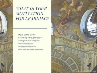 WHAT IS YOUR
MOTIVATION
FOR LEARNING?
Move up the ladder
Becoming a thought leader
Start your own company
Do contract work
Personal edification
Be a well-rounded individual
Get out of comfort zone
Become a critical thinker
Expose blind spots
WWW.SONIACAREERCOACH.COM
 
