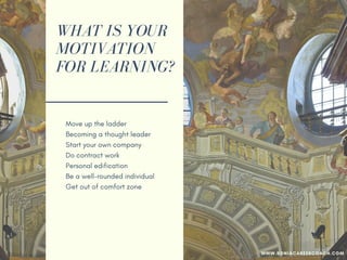 WHAT IS YOUR
MOTIVATION
FOR LEARNING?
Move up the ladder
Becoming a thought leader
Start your own company
Do contract work
Personal edification
Be a well-rounded individual
Get out of your comfort zone
Become a critical thinker
Expose blind spots
WWW.SONIACAREERCOACH.COM
 