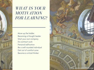 WHAT IS YOUR
MOTIVATION
FOR LEARNING?
Move up the ladder
Becoming a thought leader
Start your own company
Do contract work
Personal edification
Be a well-rounded individual
Get out of your comfort zone
Become a critical thinker
Expose blind spots
WWW.SONIACAREERCOACH.COM
 