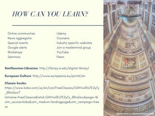 HOW CAN YOU LEARN?
Online communities
News aggregator
Special events
Google alerts
Workshops
Seminars
Udemy
Coursera
Industry specific websites
Join a mastermind group
YouTube
Peers
Smithsonian Libraries: http://library.si.edu/digital-library/
Classic books:
https://www.kobo.com/us/en/List/FreeClassics/Q4tVw0Es7E2y7y
_8RndJzw?
listname=FreeClassics&listid=Q4tVw0Es7E2y7y_8RndJzw&page=1&
utm_source=kobo&utm_medium=landingpage&utm_campaign=free
us
European Culture: http://www.europeana.eu/portal/en
WWW.SONIACAREERCOACH.COM
 