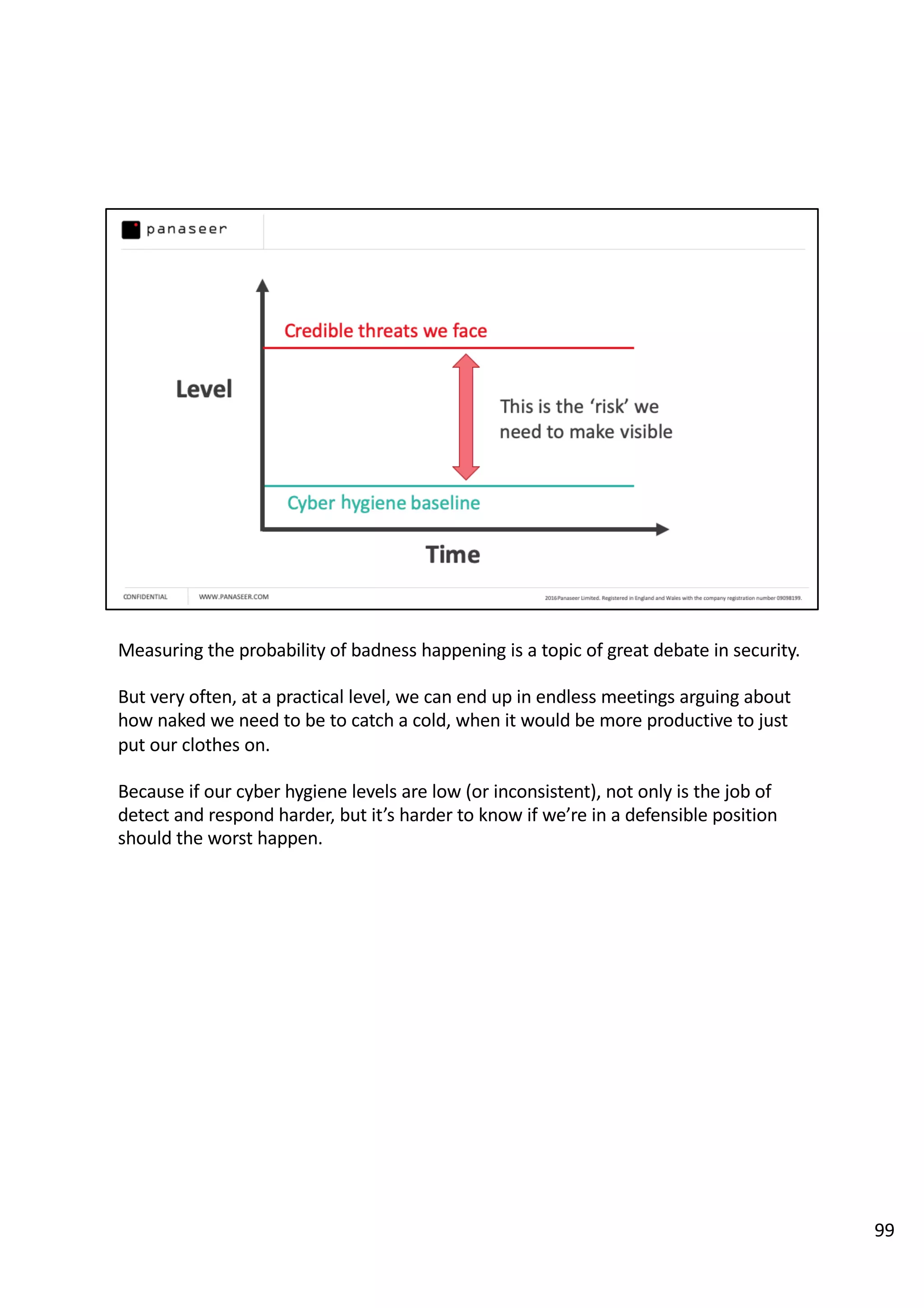 Measuring the probability of badness happening is a topic of great debate in security.
But very often, at a practical level, we can end up in endless meetings arguing about
how naked we need to be to catch a cold, when it would be more productive to just
put our clothes on.
Because if our cyber hygiene levels are low (or inconsistent), not only is the job of
detect and respond harder, but it’s harder to know if we’re in a defensible position
should the worst happen.
99
 