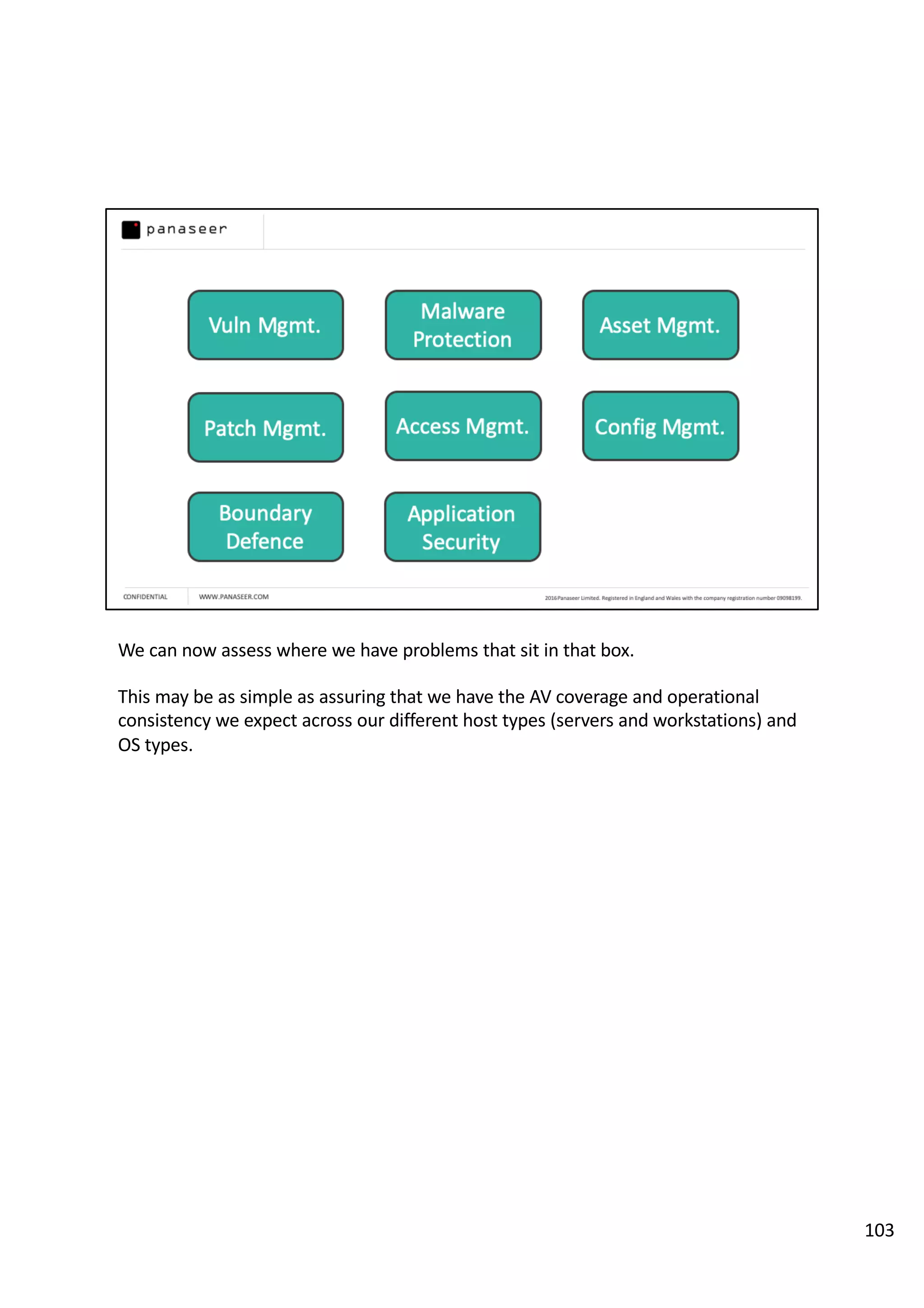We can now assess where we have problems that sit in that box.
This may be as simple as assuring that we have the AV coverage and operational
consistency we expect across our different host types (servers and workstations) and
OS types.
103
 