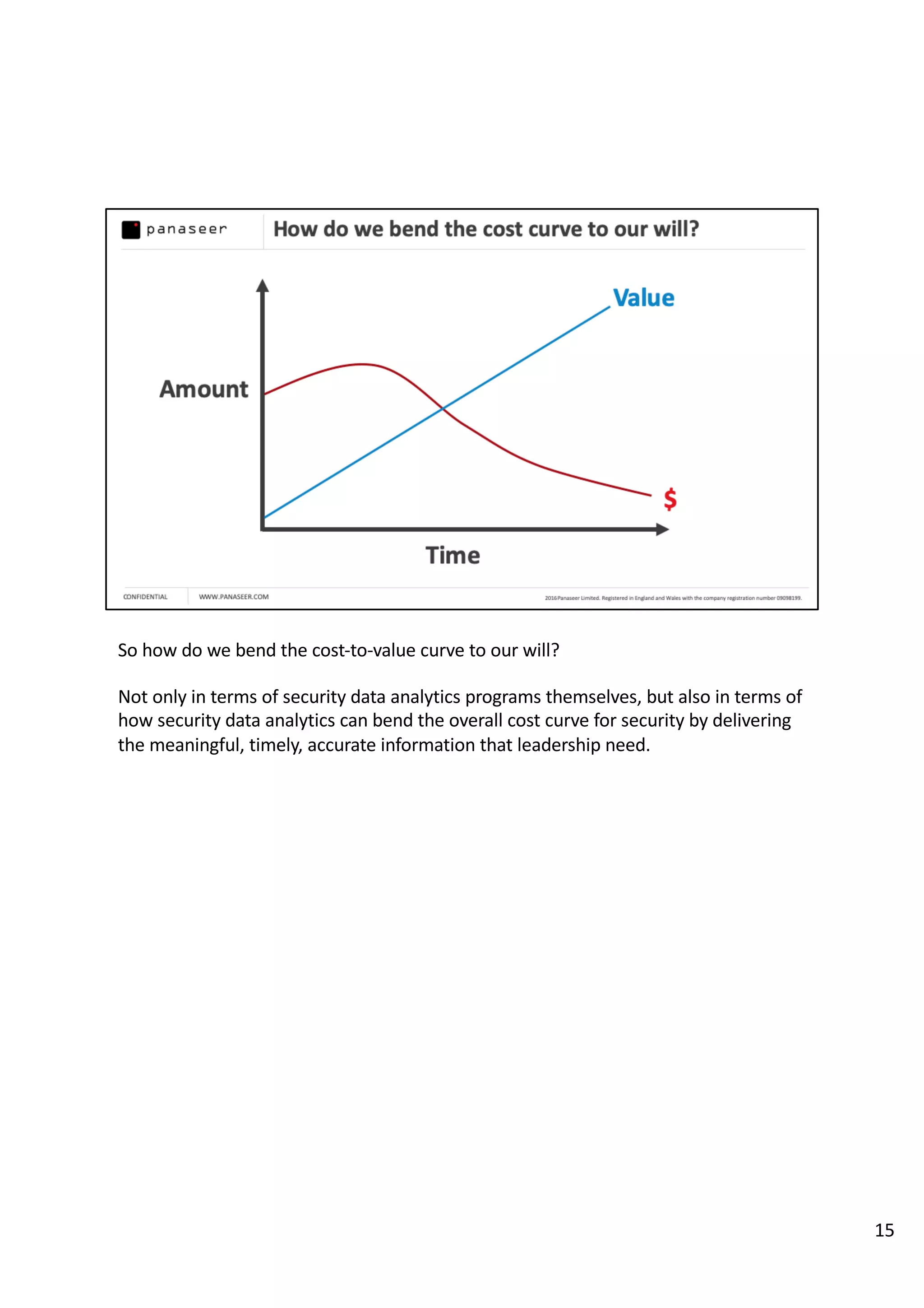 So how do we bend the cost-to-value curve to our will?
Not only in terms of security data analytics programs themselves, but also in terms of
how security data analytics can bend the overall cost curve for security by delivering
the meaningful, timely, accurate information that leadership need.
15
 