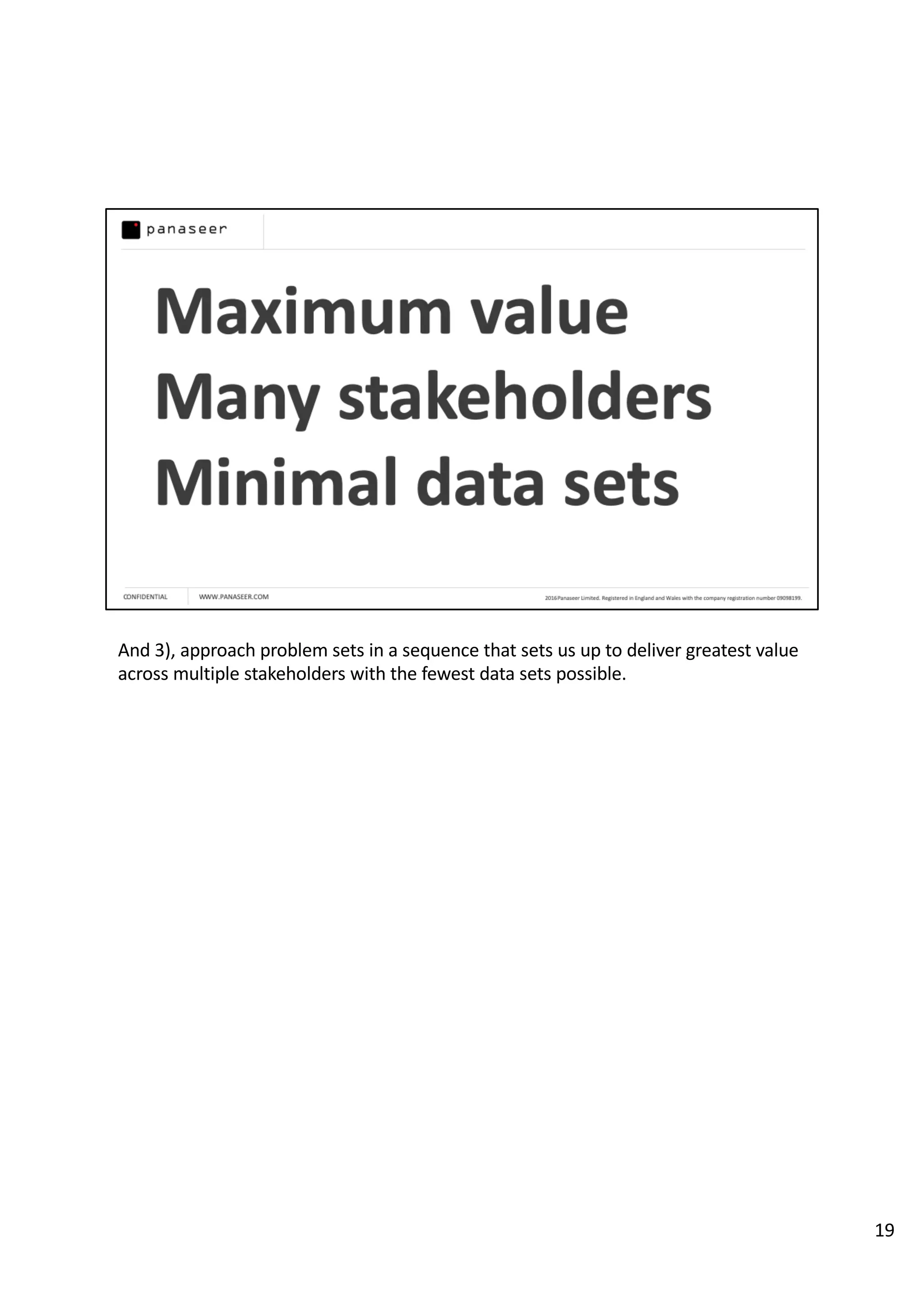 And 3), approach problem sets in a sequence that sets us up to deliver greatest value
across multiple stakeholders with the fewest data sets possible.
19
 
