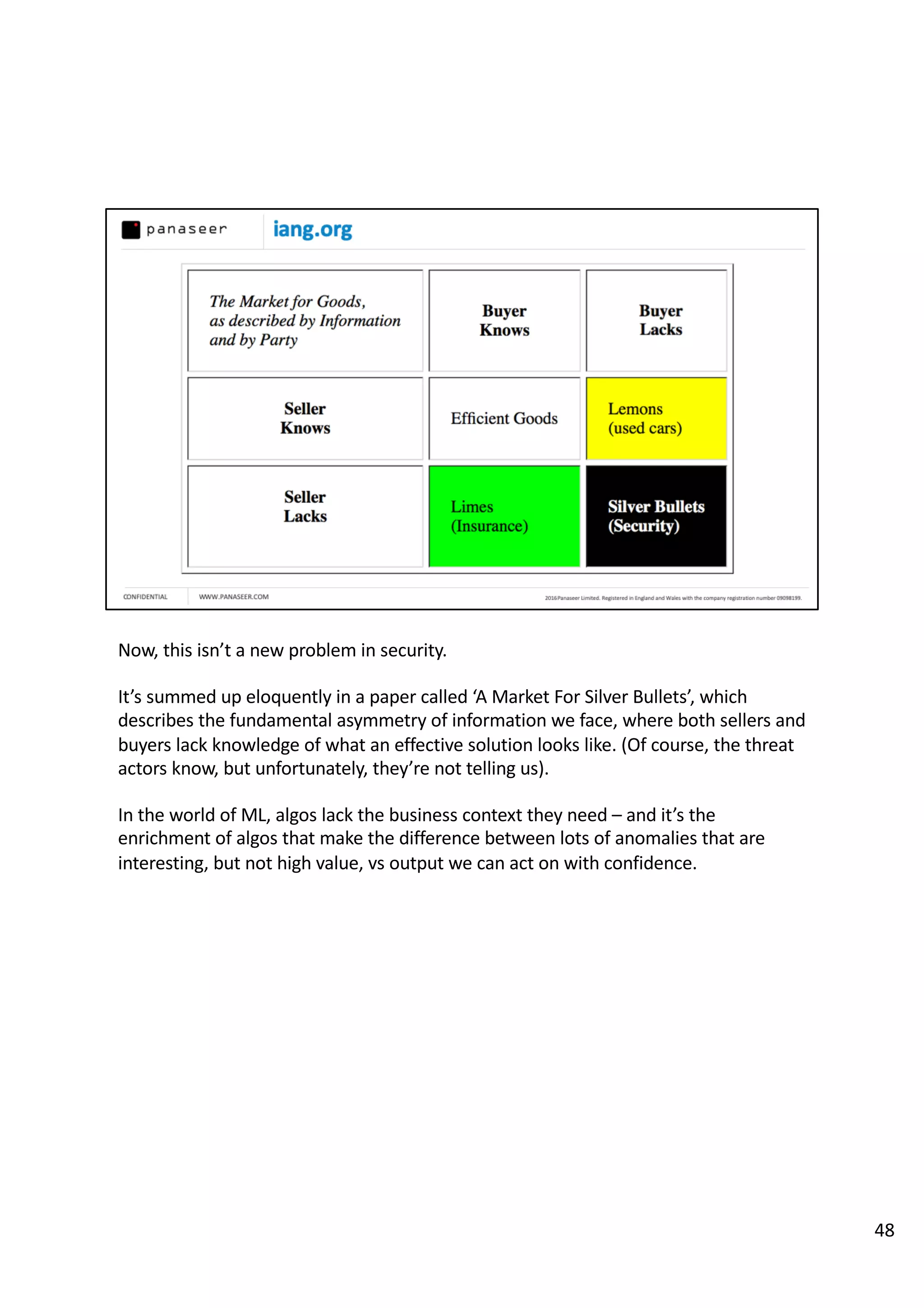 Now, this isn’t a new problem in security.
It’s summed up eloquently in a paper called ‘A Market For Silver Bullets’, which
describes the fundamental asymmetry of information we face, where both sellers and
buyers lack knowledge of what an effective solution looks like. (Of course, the threat
actors know, but unfortunately, they’re not telling us).
In the world of ML, algos lack the business context they need – and it’s the
enrichment of algos that make the difference between lots of anomalies that are
interesting, but not high value, vs output we can act on with confidence.
48
 