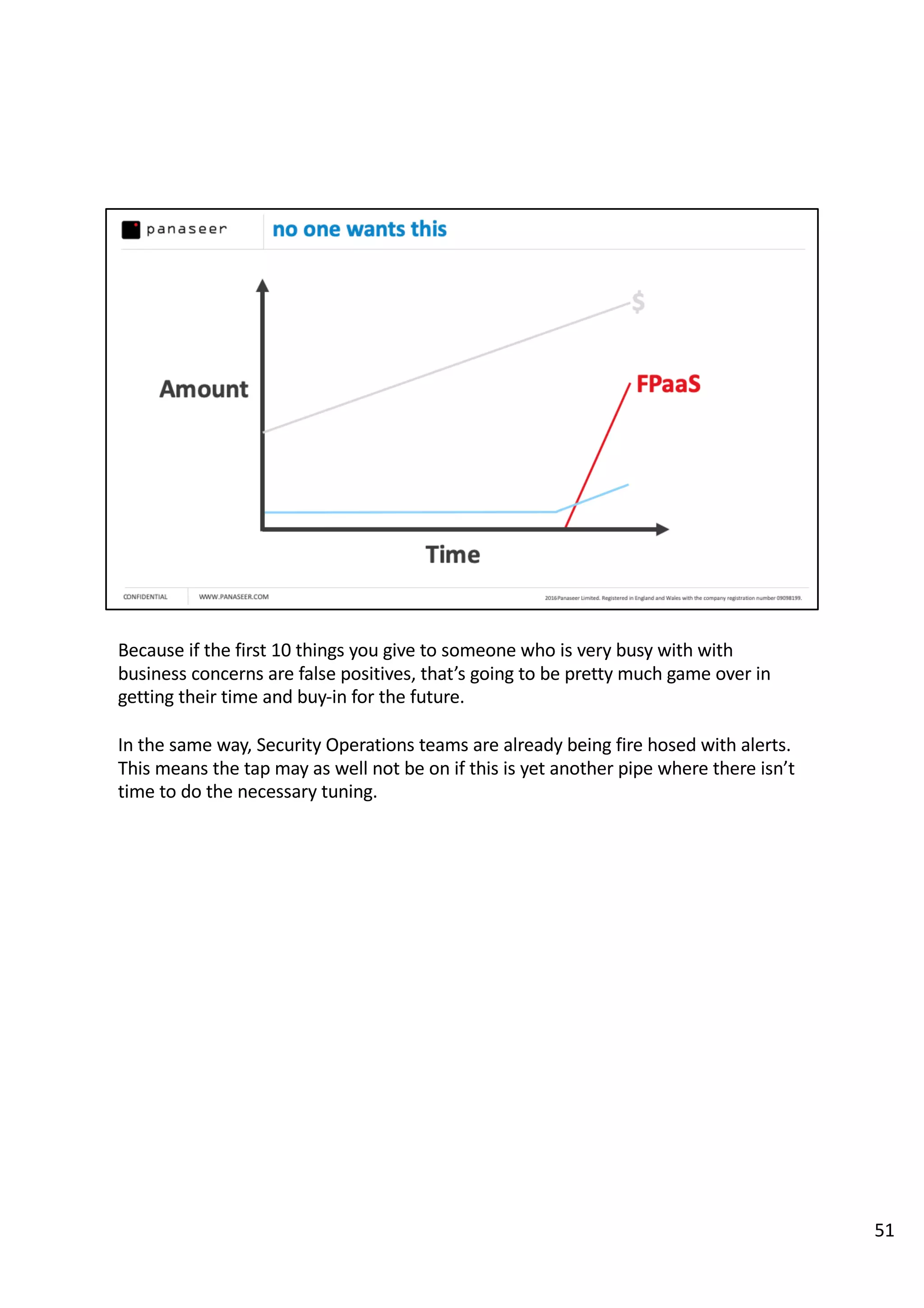 Because if the first 10 things you give to someone who is very busy with with
business concerns are false positives, that’s going to be pretty much game over in
getting their time and buy-in for the future.
In the same way, Security Operations teams are already being fire hosed with alerts.
This means the tap may as well not be on if this is yet another pipe where there isn’t
time to do the necessary tuning.
51
 