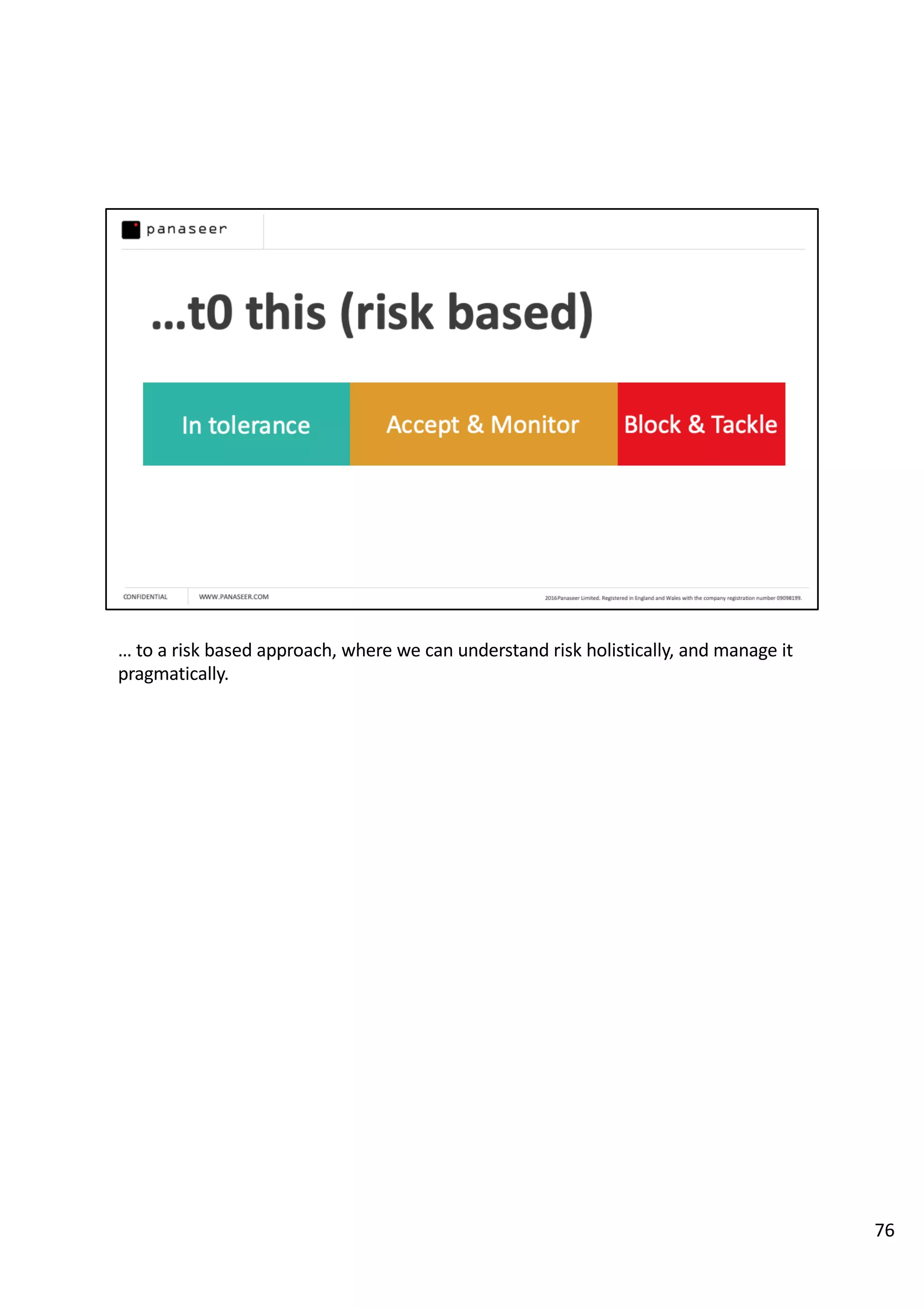… to a risk based approach, where we can understand risk holistically, and manage it
pragmatically.
76
 