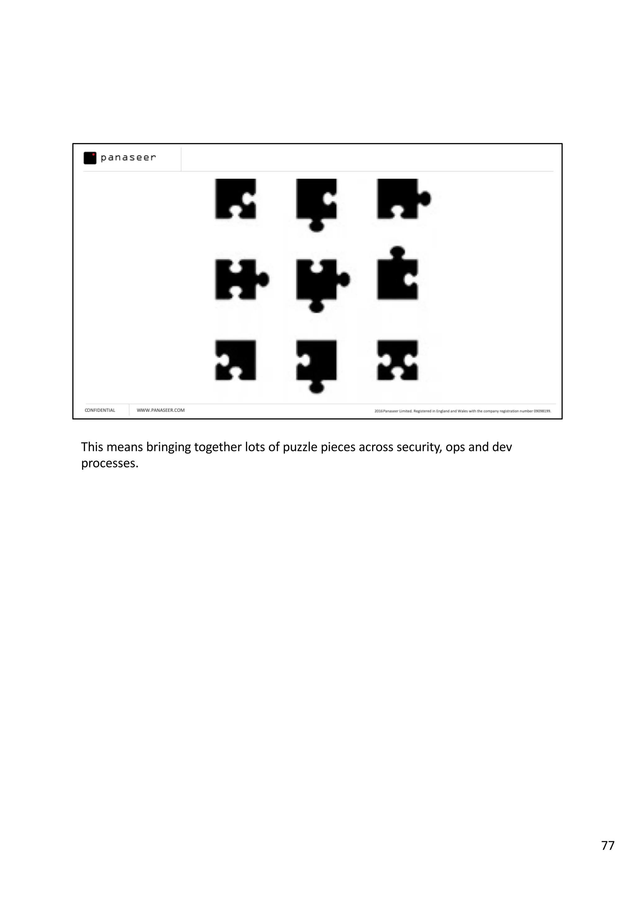 This means bringing together lots of puzzle pieces across security, ops and dev
processes.
77
 