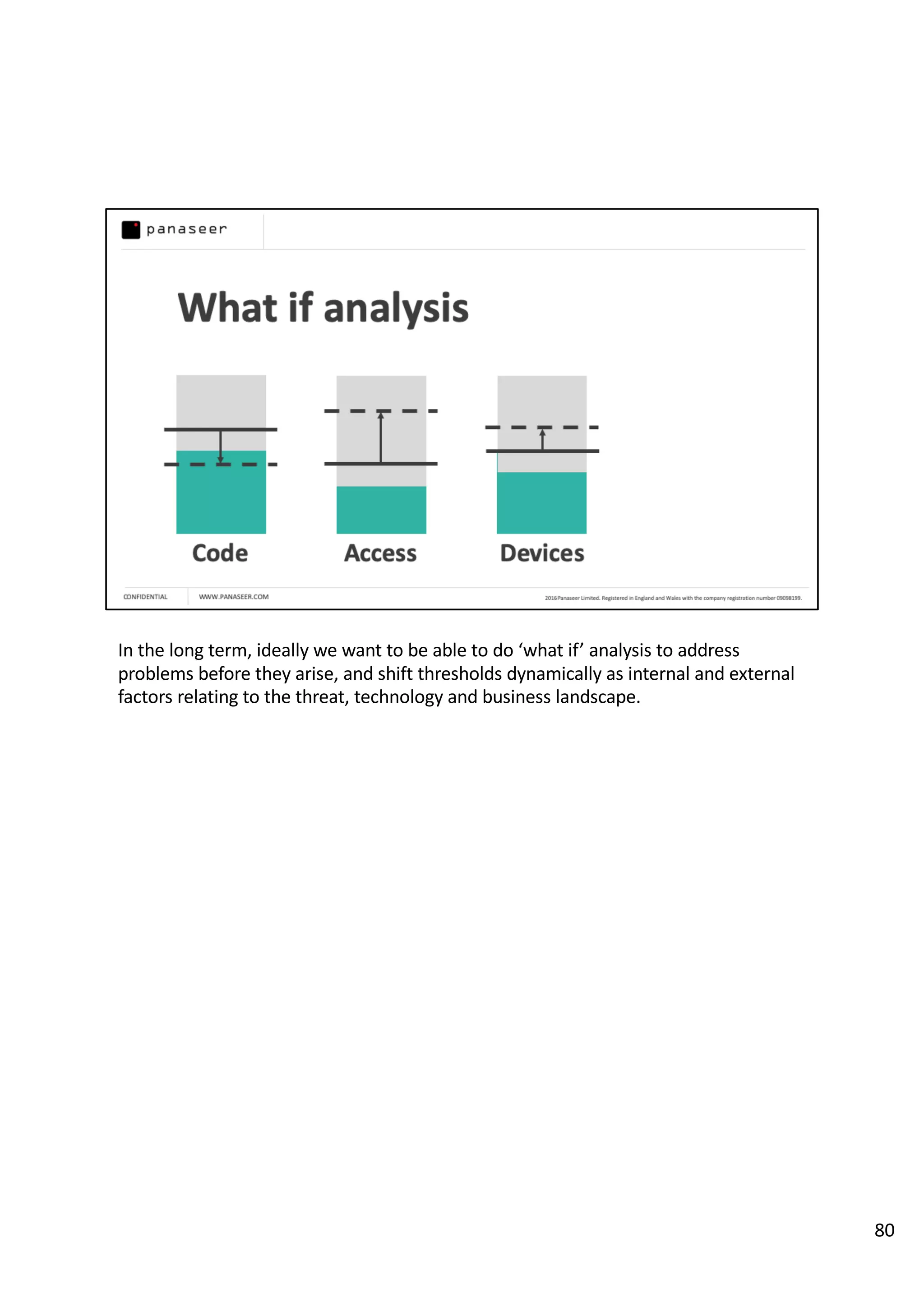 In the long term, ideally we want to be able to do ‘what if’ analysis to address
problems before they arise, and shift thresholds dynamically as internal and external
factors relating to the threat, technology and business landscape.
80
 