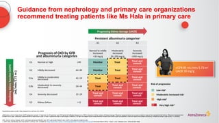 Guidance from nephrology and primary care organizations
recommend treating patients like Ms Hala in primary care
Hypothetical patient profile; Table adapted from de Boer et al. 20223
aAlternative units for these three UACR categories include: <3 mg/mmol, 3–29 mg/mmol, and ≥30 mg/mmol2; bStable disease or no CKD in absence of other markers of kidney damage. Requires measurements once a year or earlier in case of new symptoms/risk factors; cRequires measurements
at least once a year; dRequires measurements at least twice a year; eTreat in agreement with a nephrologist; fPatients in the light red stages require measurements at least three times a year and patients in dark red require the closest monitoring, at least four times a year (every 1–3 months)
CKD, chronic kidney disease, eGFR, estimated glomerular filtration rate; GFR, glomerular filtration rate; UACR, urine albumin:creatinine ratio
1. CKD: Early Identification and intervention in primary care. Available at: https://www.theisn.org/wp-content/uploads/2022/11/One-Page-Print-Out.pdf (Accessed March 2023); 3. Boer I, et al. Diabetes Care . 2022;45:3075-3090
Prognosis of CKD by GFR
and albuminuria categories
Persistent albuminuria categoriesa
A1 A2 A3
Normal to mildly
increased
<30 mg/g
Moderately
increased
30–299 mg/g
Severely
increased
≥300 mg/g
GFR
categories
(mL/min/1.73
m
2
)
G1 Normal or high ≥90 Monitor Treat Treat and
consult
G2 Mildly decreased 60–89 Monitor Treat Treat and
consult
G3a Mildly to moderately
decreased 45–59 Treat Treat Treat and
consult
G3b Moderately to severely
decreased 30–44 Treat Treat and
consult
Treat and
consult
G4 Severely decreased 15–29 Treat and
consult
Treat and
consult
Treat and
consult
G5 Kidney failure <15 Treat and
consult
Treat and
consult
Treat and
consult
Declining
kidney
function
(eGFR)
Progressing kidney damage (UACR)
Low riskb
Moderately increased riskc
High riskd
Very high riske,f
Risk of progression
eGFR 85 mL/min/1.73 m2
UACR 30 mg/g
 