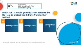 GFR, glomerular filtration rate; T2DM, type 2 diabetes mellitus, UACR: Urinary albumin creatinine ratio.
GFR 86 mL/min/1.73m2
Calculated
A1c
6.5%
A
Empagliflozin
B
Dapagliflozin
C
Canagliflozi
n
Which SGLT2i would you initiate in patients like
Ms. Hala to protect her Kidneys from further
decline?
UACR 30 mcg/mg
 