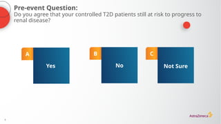 3
Pre-event Question:
Do you agree that your controlled T2D patients still at risk to progress to
renal disease?
A
Yes
B
No
C
Not Sure
 
