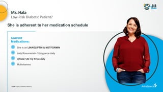T2DM: Type 2 Diabetes Mellitus;
Ms. Hala
Low-Risk Diabetic Patient?
She is adherent to her medication schedule
Current
Medications:
She is on LINAGLIPTIN & METFORMIN
daily Rosuvastatin 10 mg once daily
Orlistat 120 mg thrice daily
Multivitamins
 