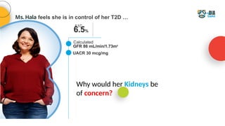 Ms. Hala feels she is in control of her T2D …
A1C
6.5%
Why would her Kidneys be
of concern?
GFR 86 mL/min/1.73m2
Calculated
UACR 30 mcg/mg
A1C
6.5%
GFR 86 mL/min/1.73m2
 