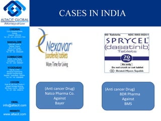 CHENNAI
C2-A, Industrial Estate,
Guindy,
Chennai - 600 032.
Tel: +91 - 44 – 42104341/ 7341
BANGALORE
Suite 920, Level 9,
Raheja Towers,
26-27, M G Road,
Bangalore - 560 001.
Tel: +91 - 80 - 65462400
COIMBATORE
#1533, Trichy Road,
Coimbatore – 641018.
Tel: +91 - 422 - 6552921
HYDERABAD
Flat No. A-701,
Brindavan Apartments,
Niloufer Hospital Road,
Redhills, Hyderabad - 500034.
Tel: +91 - 40 - 60506009
COCHIN
Suite 49, 8th Floor, Centre A,
Alapatt Heritage Building,
MG Road, Cochin – 682035
Tel: +91 - 484 - 6506216
EMAIL
info@altacit.com
WEBSITE
www.altacit.com
(Anti cancer Drug)
Natco Pharma Co.
Against
Bayer
(Anti cancer Drug)
BDR Pharma
Against
BMS
 
