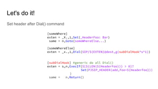Let's do it!
Set header after Dial() command
[someWhere]
exten = _X.,1,Set(_HeaderFoo: Bar)
same = n,Goto(someWhereElse...)
[someWhereElse]
exten = _x.,1,Dial(SIP/${EXTEN}@dest,g(subDialHook^s^1))
[subDialHook] #generic do all Dial()
exten = s,n,ExecIf($[${LEN(${HeaderFoo})} > 0]?
Set(PJSIP_HEADER(add,Foo=${HeaderFoo}))
)
same = n,Return()
 