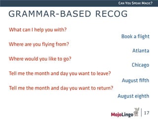 CAN YOU SPEAK MAGIC? 
GRAMMAR-BASED RECOG 
17 
Where would you like to go? 
Chicago 
Tell me the month and day you want to leave? 
August fifth 
Tell me the month and day you want to return? 
August eighth 
What can I help you with? 
Book a flight 
Where are you flying from? 
Atlanta 
 
