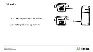 J?ran Vinzens
linkedin.com/in/jvinzens
Do not expose your PBX to the internet
Use SBC for protection, e.g. Kamailio
SIP service
 