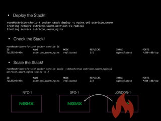 root@astricon-sfo-1:~# docker stack deploy -c nginx.yml astricon_swarm
Creating network astricon_swarm_astricon-is-radical
Creating service astricon_swarm_nginx
• Deploy the Stack!
• Check the Stack!
root@astricon-sfo-1:~# docker service ls
ID NAME MODE REPLICAS IMAGE PORTS
7a1292n9v49n astricon_swarm_nginx replicated 1/1 nginx:latest *:80->80/tcp
• Scale the Stack!
root@astricon-sfo-1:~# docker service scale —-detach=true astricon_swarm_nginx=2
astricon_swarm_nginx scaled to 2
ID NAME MODE REPLICAS IMAGE PORTS
7a1292n9v49n astricon_swarm_nginx replicated 2/2 nginx:latest *:80->80/tcp
NYC-1 SFO-1 LONDON-1
 