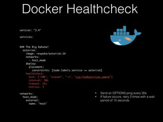 version: "3.4"
services:
### The Big Kahuna!
asterisk:
image: respoke/asterisk:14
networks:
- host_mode
deploy:
placement:
constraints: [node.labels.service == asterisk]
healthcheck:
test: ["CMD", "sipsak", "-s", "sip:foo@astricon.swarm"]
interval: 30s
timeout: 15s
retries: 3
networks:
host_mode:
external:
name: 'host'
Docker Healthcheck
• Send an OPTIONS ping every 30s
• If failure occurs, retry 3 times with a wait
period of 15 seconds
 