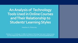 An Analysis of Technology 
Tools Used in Online Courses 
and Their Relationship to 
Students' LearningStyles 
Heather A. Pokorsky 
Pokorsky, H. A., & Schlough, S. (2008). An Analysis of Technology Tools Used in Online Courses 
and Their Relationship. Retrieved from http://core.kmi.open.ac.uk/download/pdf/5067298.pdf 
 