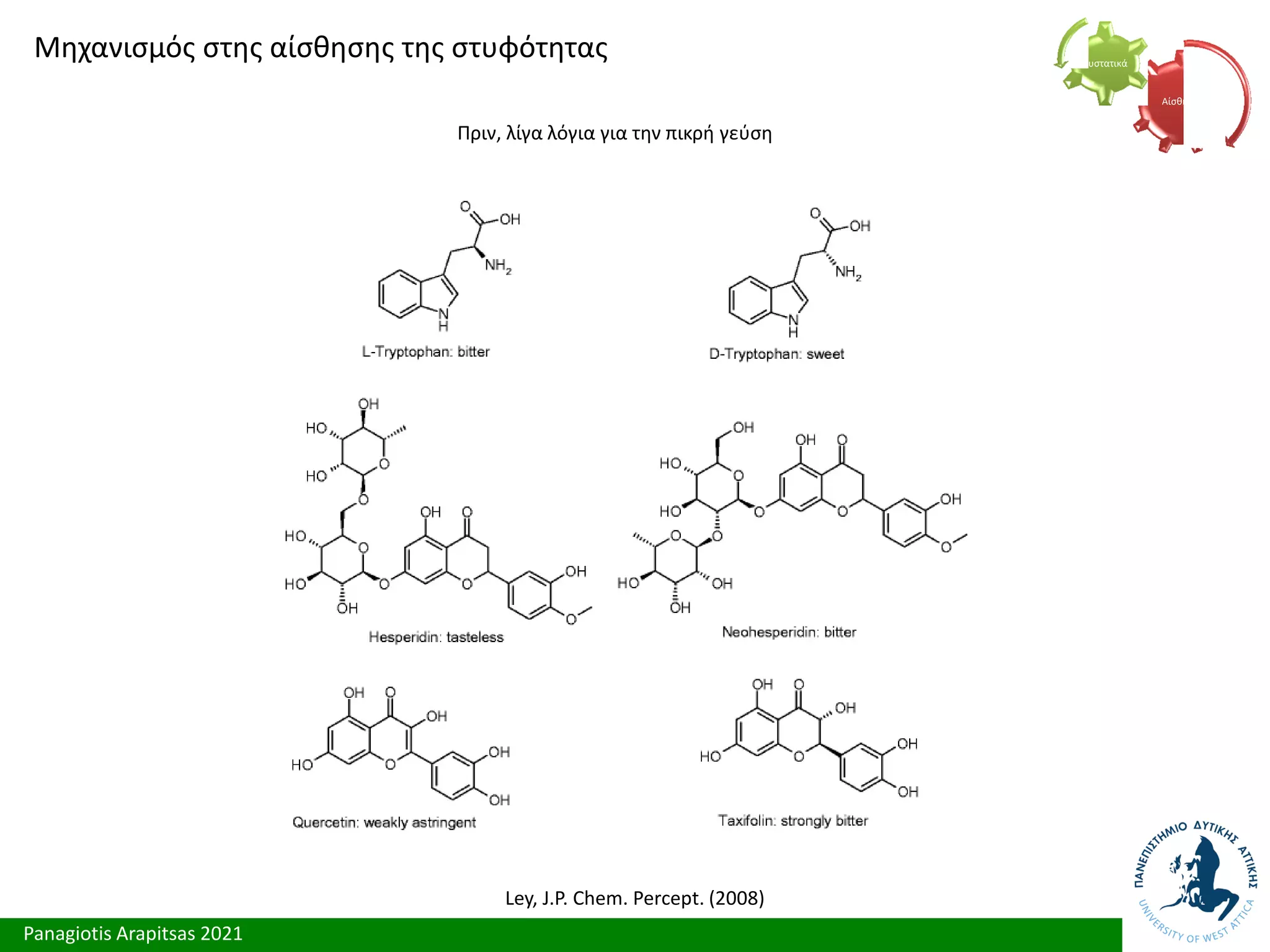 Panagiotis Arapitsas 2021
Μηχανισμός στης αίσθησης της στυφότητας
Πριν, λίγα λόγια για την πικρή γεύση
Αίσθηση
Συστατικά
Ley, J.P. Chem. Percept. (2008)
 