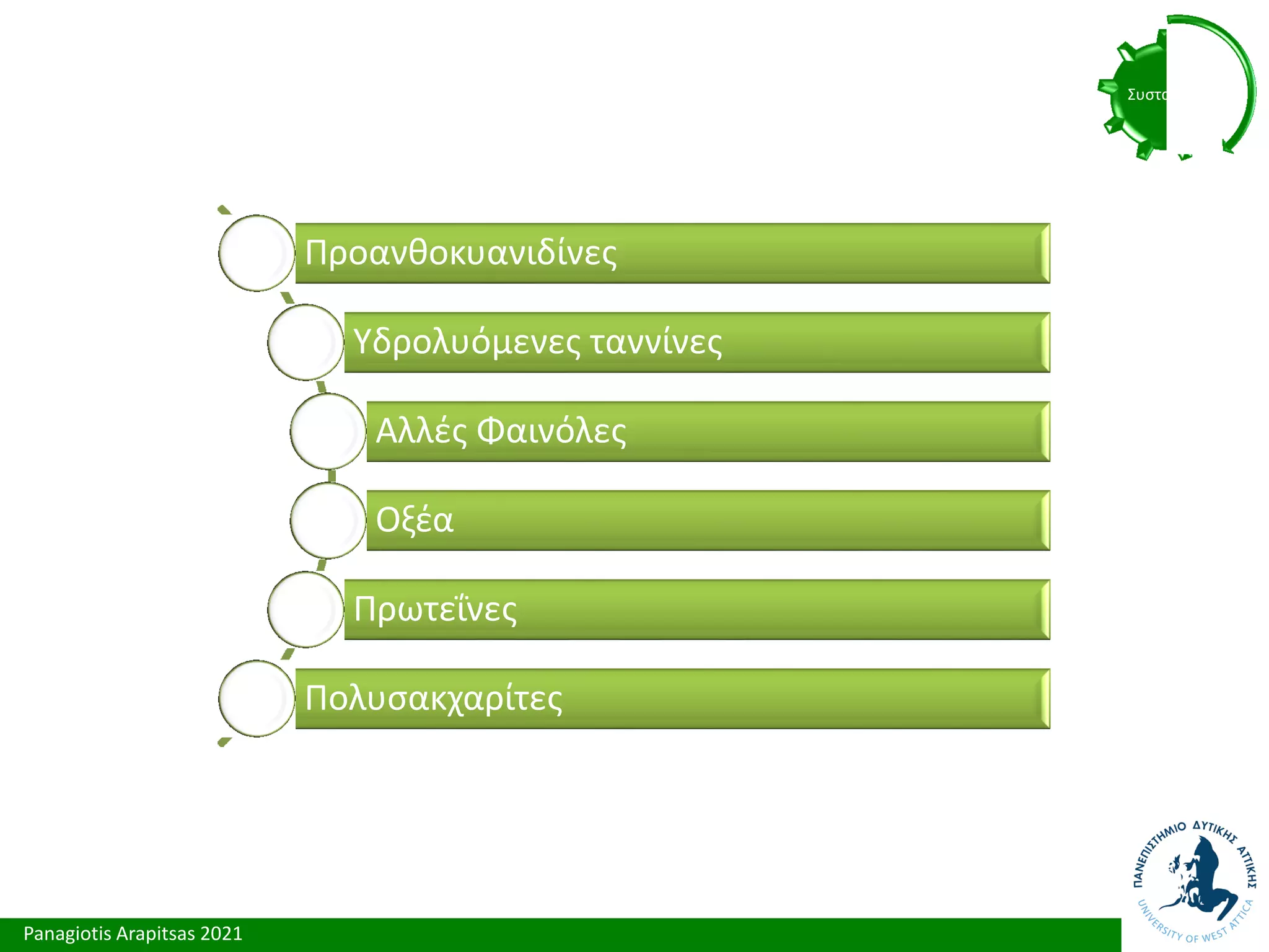 Panagiotis Arapitsas 2021
Συστατικά
Προανθοκυανιδίνες
Υδρολυόμενες ταννίνες
Αλλές Φαινόλες
Οξέα
Πρωτεΐνες
Πολυσακχαρίτες
 